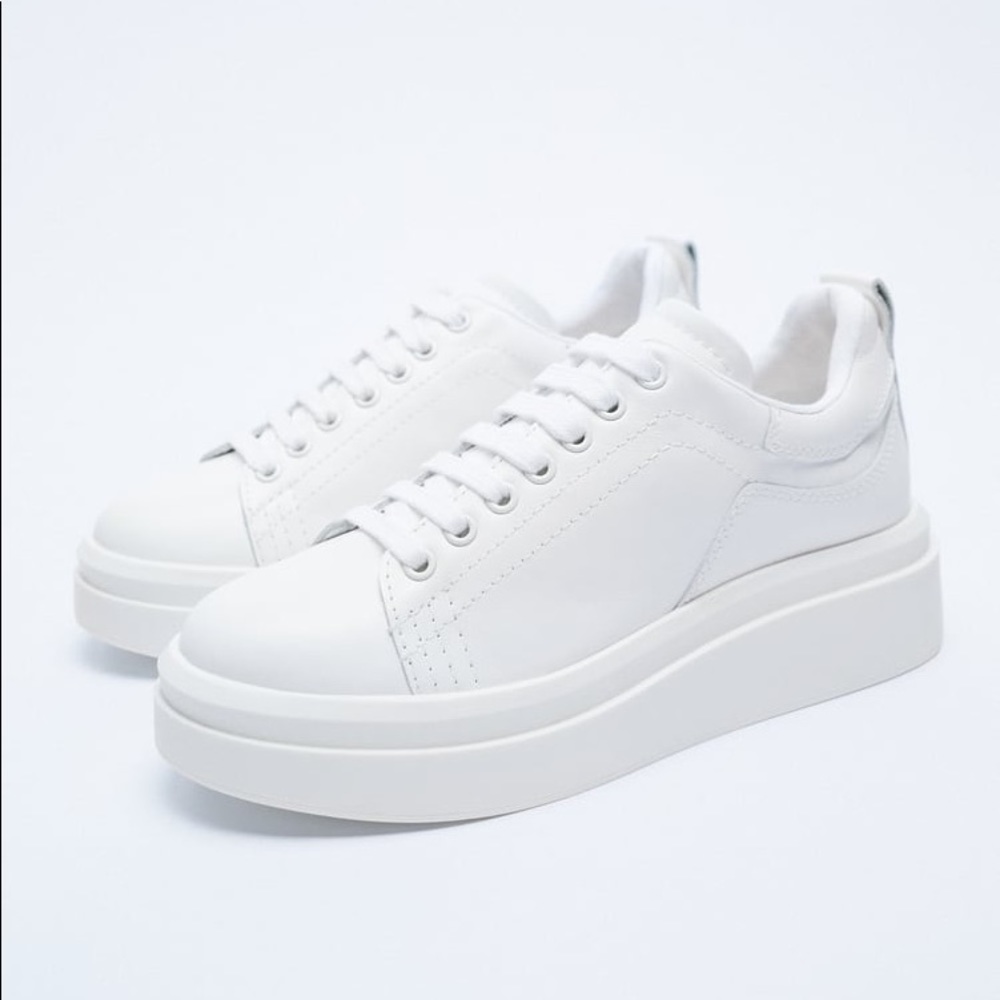 Zara Athletic Leather Platform Sneakers - White